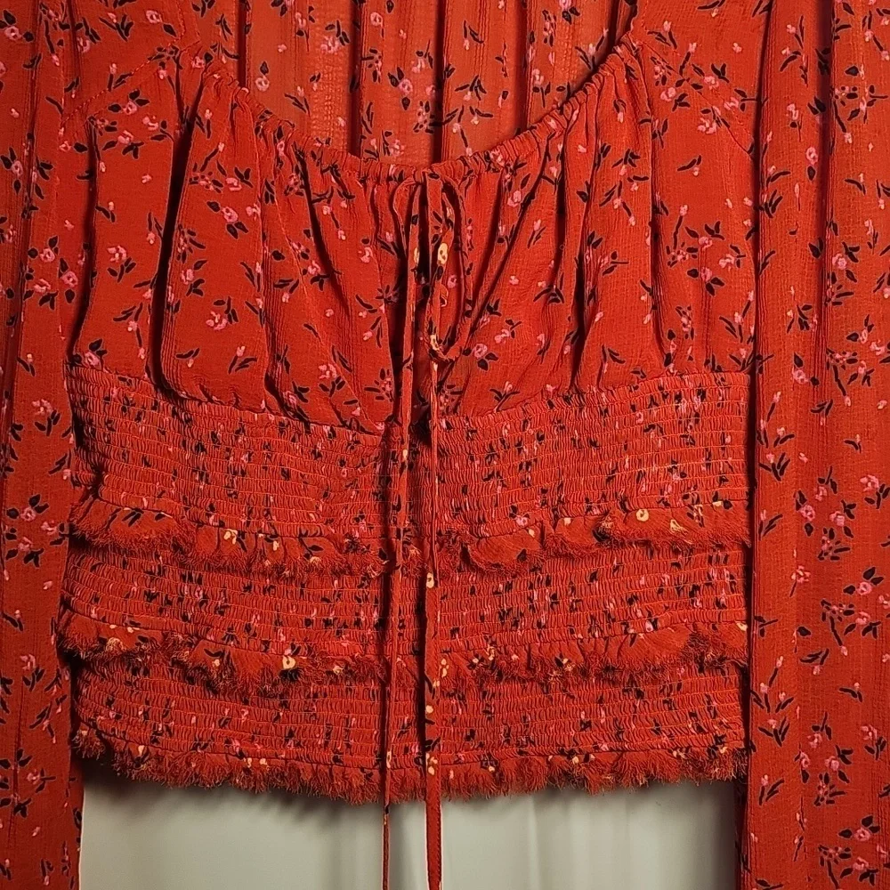 Free People Womens Tied Square Keyhole Neckline Red Floral Polyester Blouse M - Picture 2 of 8